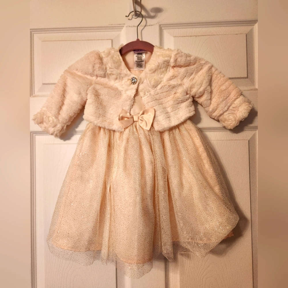 Blueberi Boulevard, elegant Cream Dress with Faux Fur Jacket, sz 3T